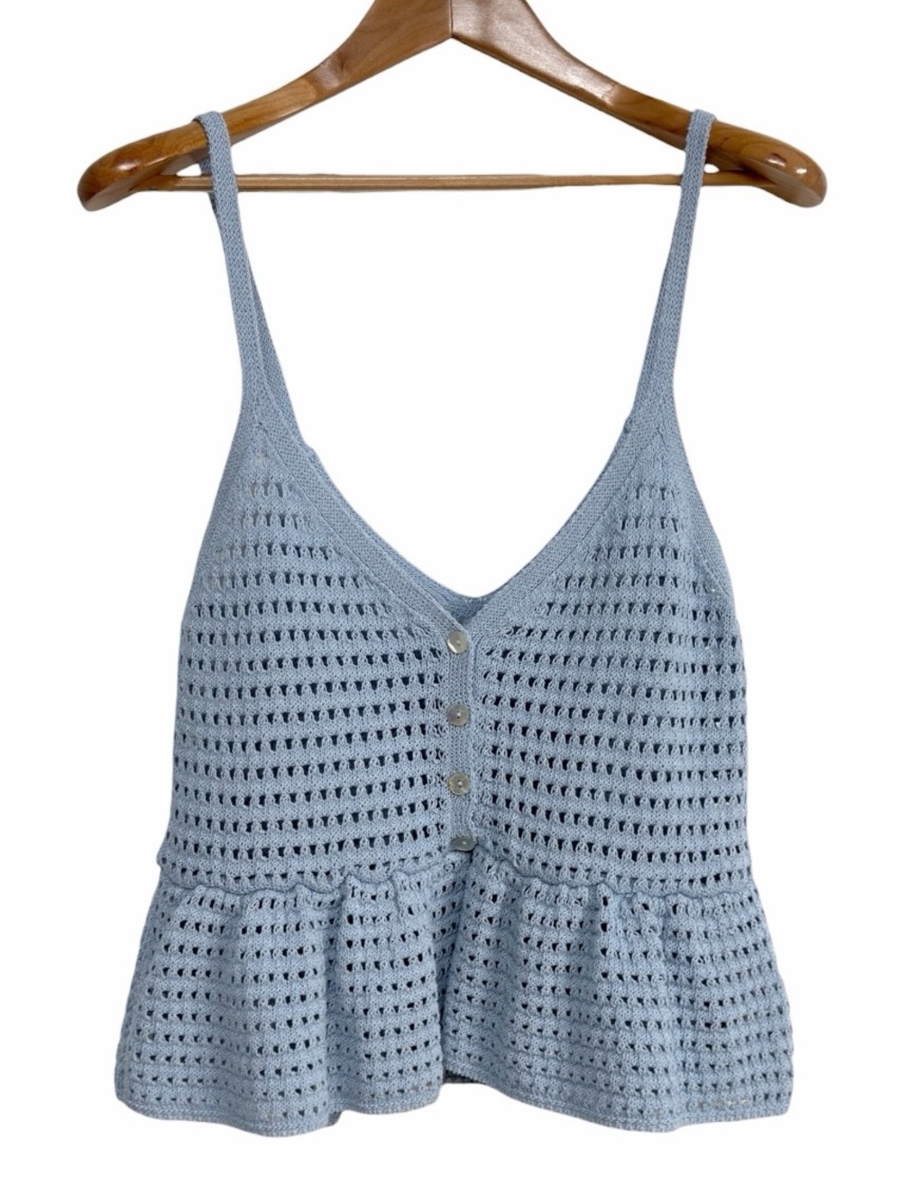 Zara Blue Crochet Knit Peplum Tank Top Medium Button Front V Neck Boho Summer